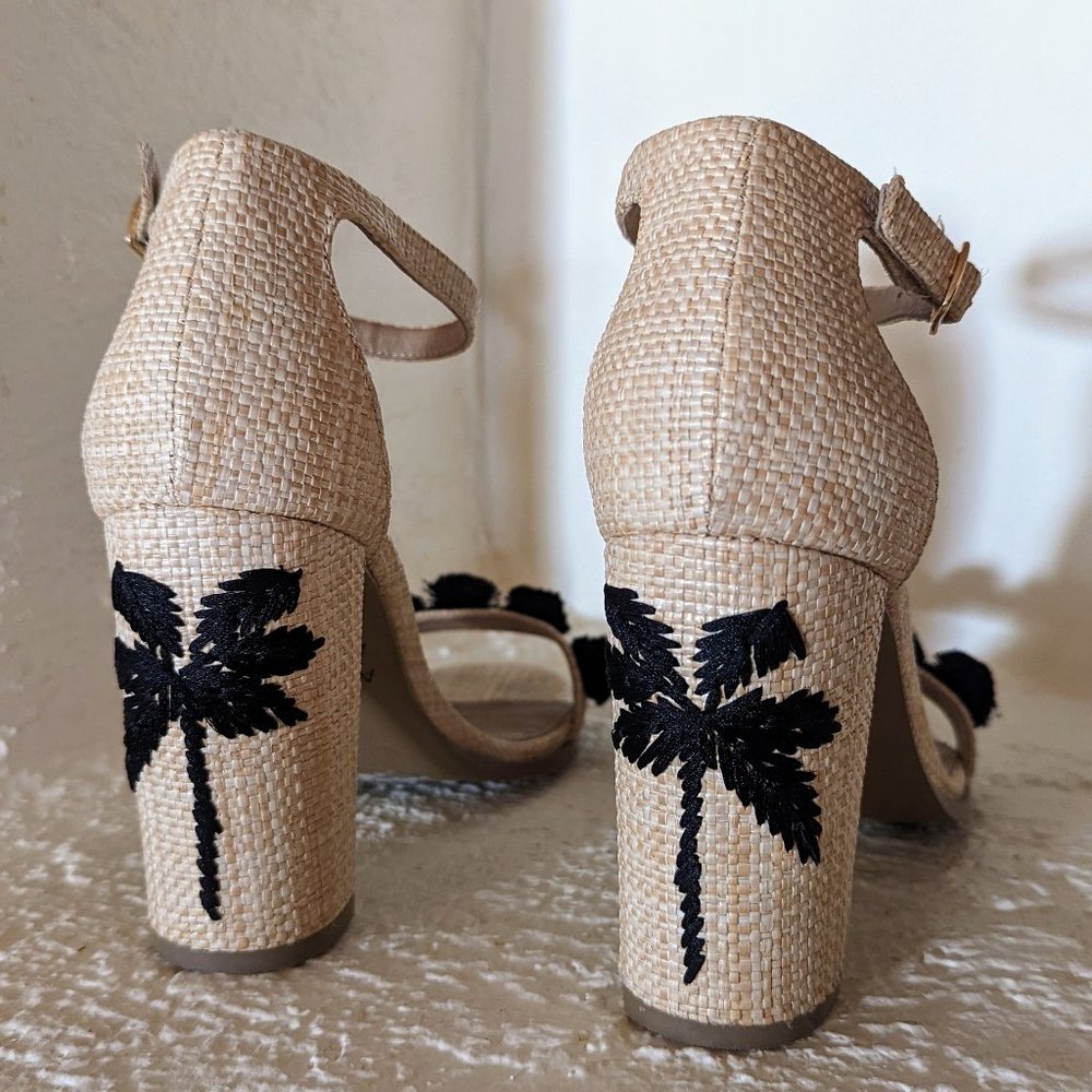Grasscloth palm tree high heeled sandals